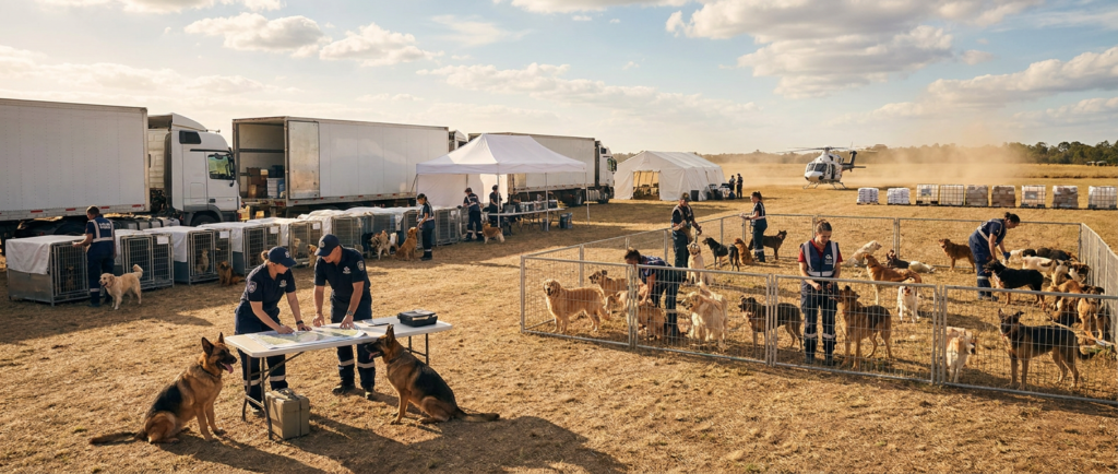 corporate partners helping with dog kennels, trucks, and helicopter for animal emergency relief