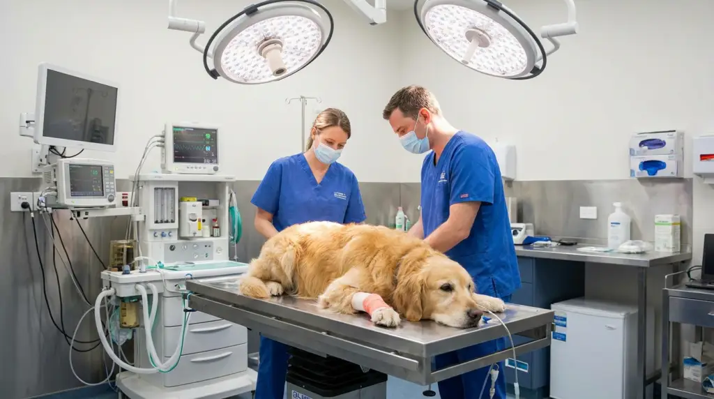 veterinary team attending to a golden retriever on an operating table, highlighting the need for emergency animal funding.