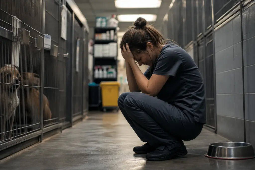 distressed shelter worker crouching by dog cages, showing a lack of emergency shelter reserves.