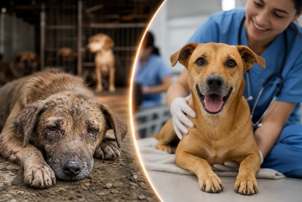 neglected dog in a cage contrasted with a happy dog and vet, showing animal welfare crisis turning points.