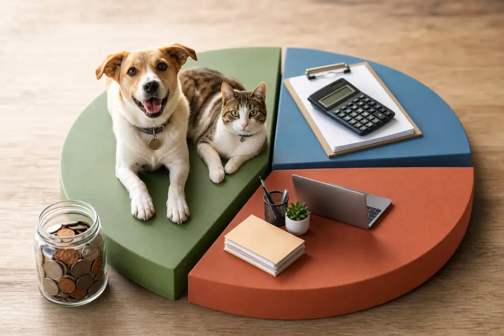 dog and cat on a pie chart representing donation allocation breakdown, with coins, calculator, and laptop.
