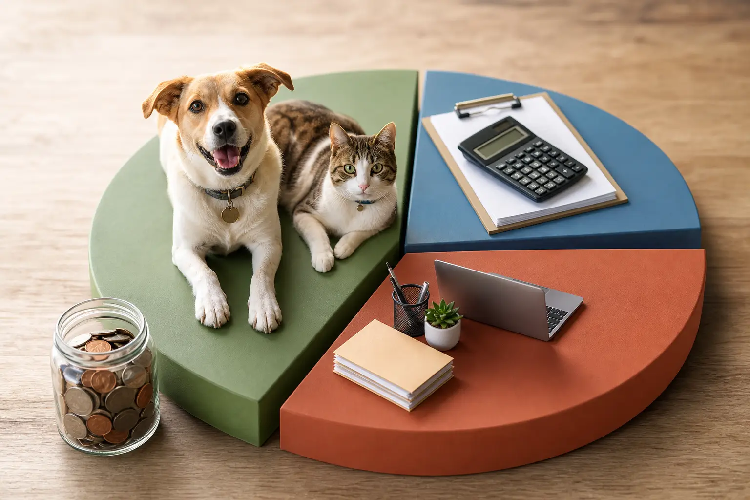 dog and cat on a pie chart representing donation allocation breakdown, with coins, calculator, and laptop.