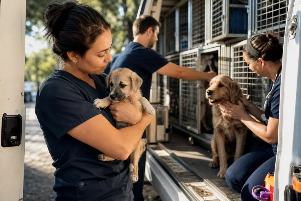 vet holding puppy, another comforts dog from rescue van, showing emergency animal donation impact.
