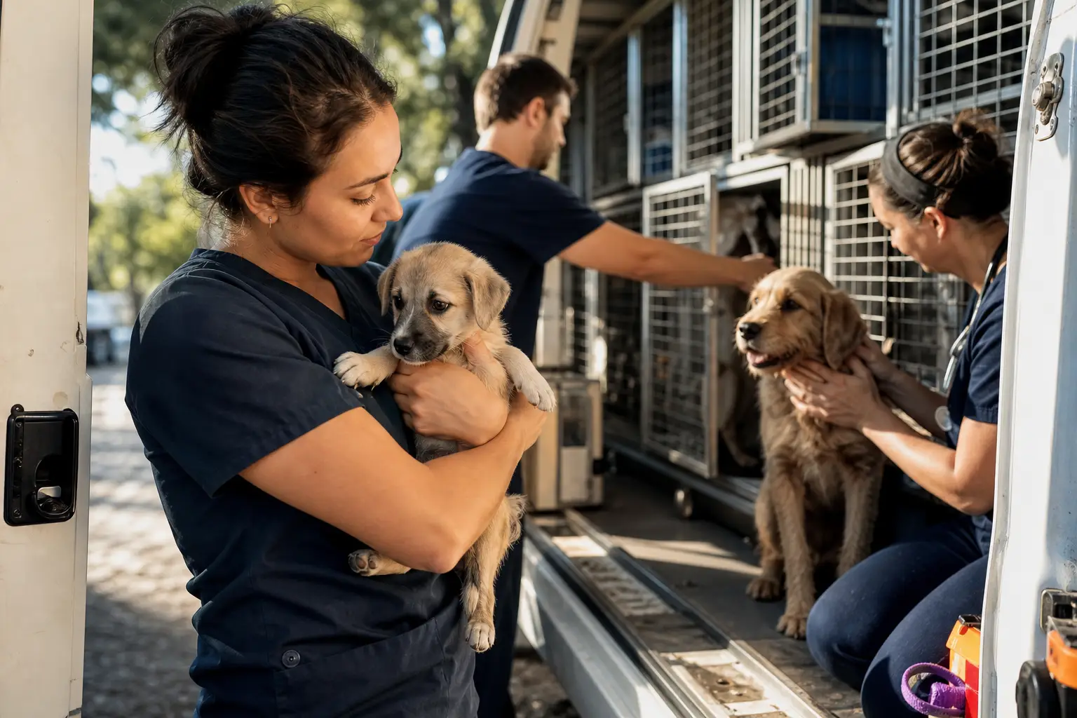 vet holding puppy, another comforts dog from rescue van, showing emergency animal donation impact.
