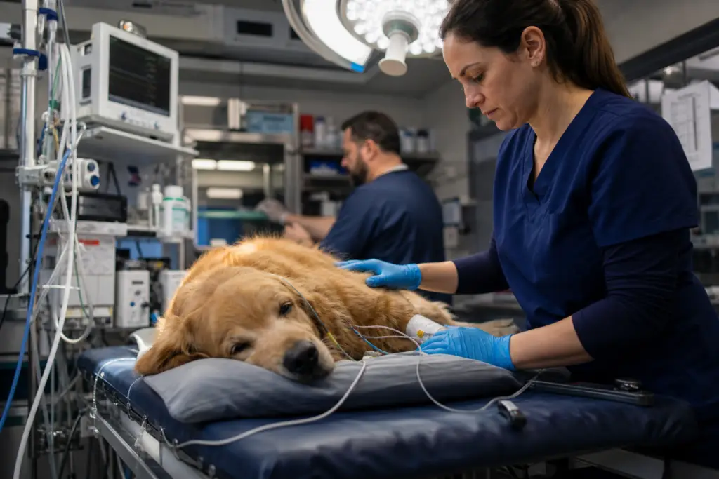 veterinarian attending to a golden retriever with iv fluids, highlighting potential emergency vet costs.