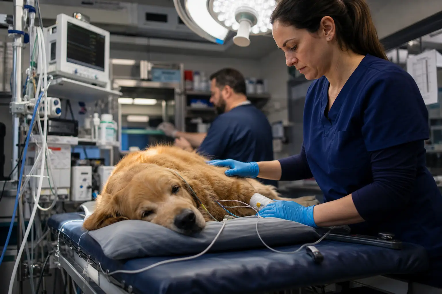veterinarian attending to a golden retriever with iv fluids, highlighting potential emergency vet costs.