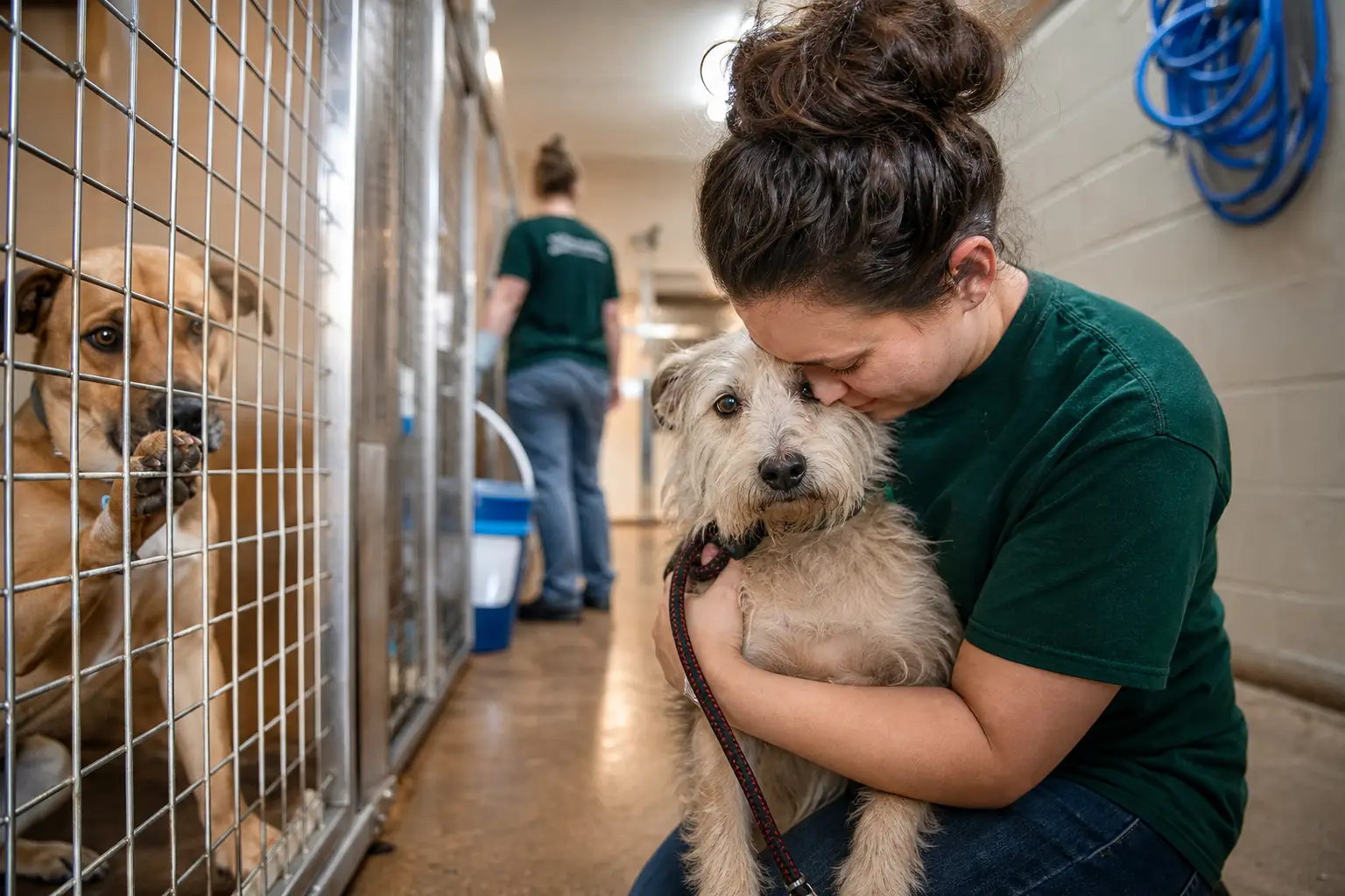 volunteer comforting a scruffy dog in a kennel, highlighting small shelter operations costs.