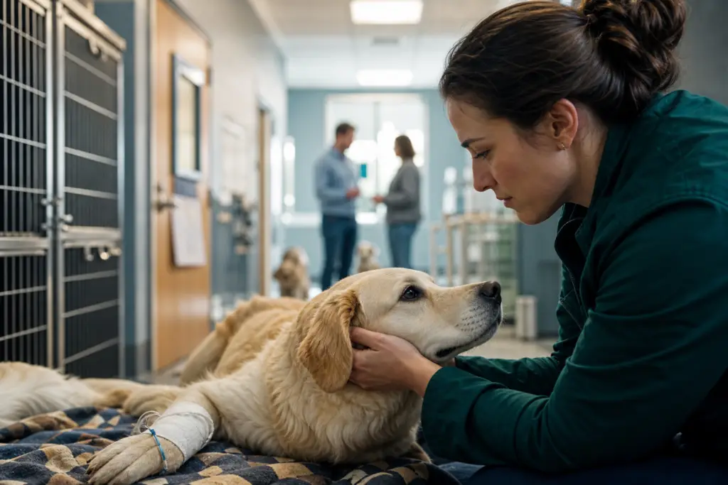 woman comforting a golden retriever with an iv drip, showing emergency medical care adoption.