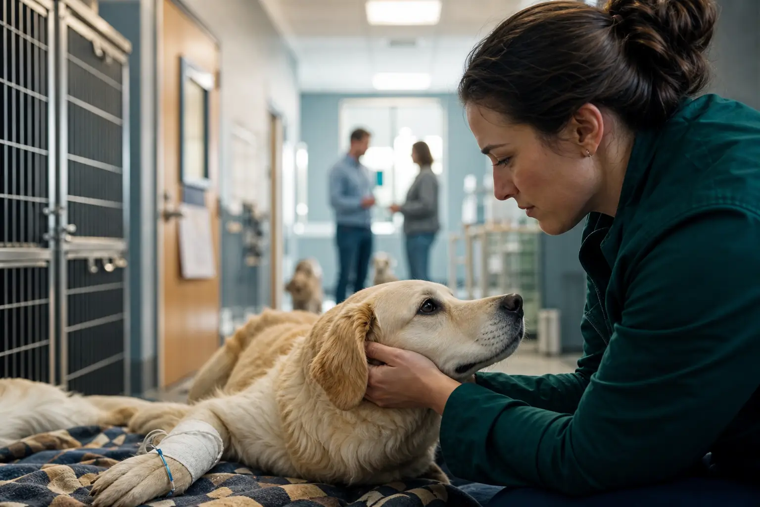 woman comforting a golden retriever with an iv drip, showing emergency medical care adoption.