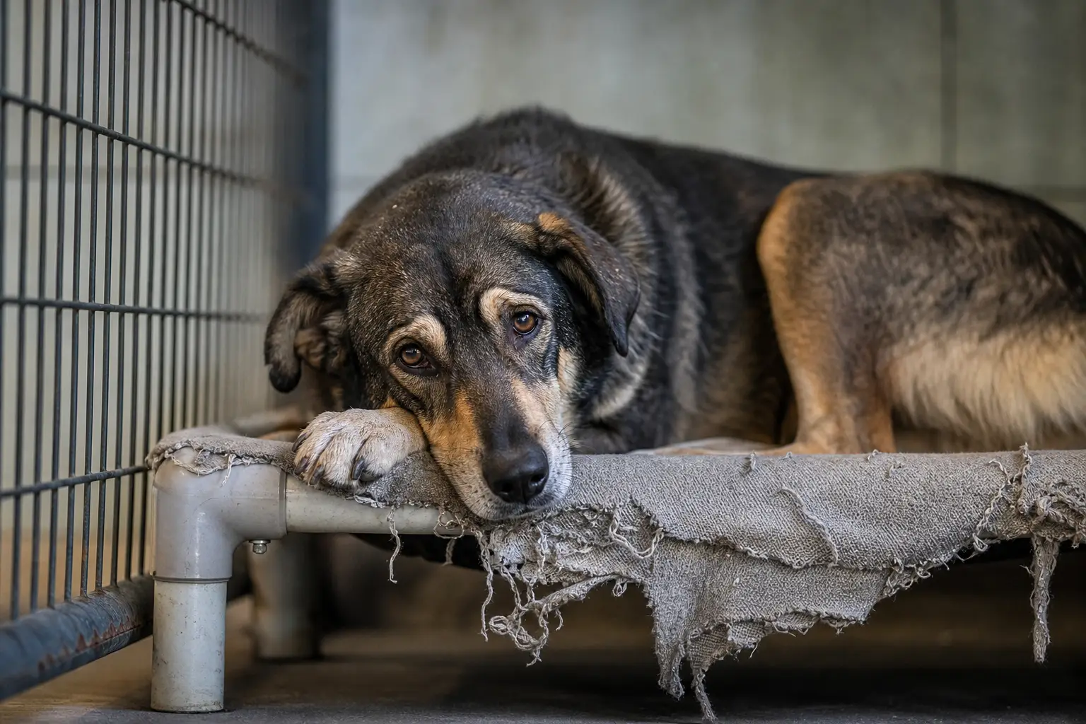 sad dog resting on worn bed in kennel, awaiting behavioral rehabilitation for rescue animals.