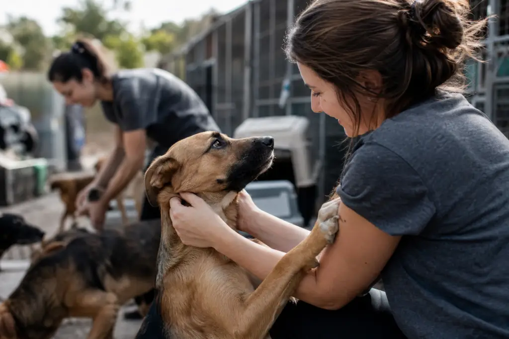 smiling woman petting a brown dog with her hands, dog's paw on her arm, showing effective animal rescue networks