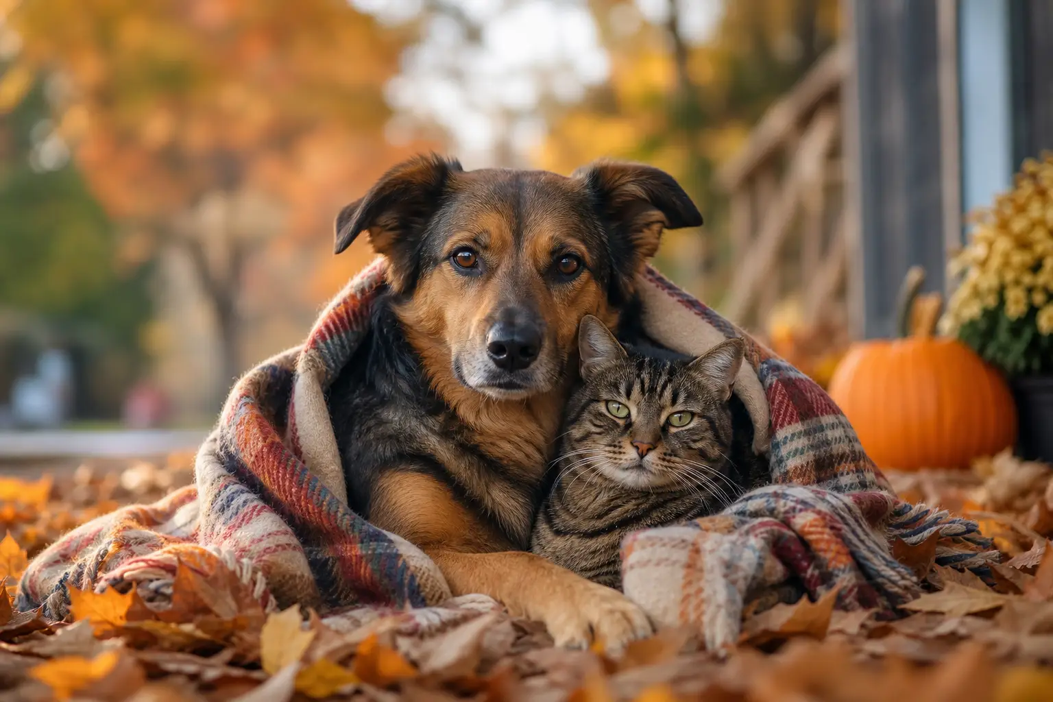 dog and tabby cat snuggled under a plaid blanket in fall leaves, perfect for fostering animals during fall transitions your step-by-step advocacy guide.