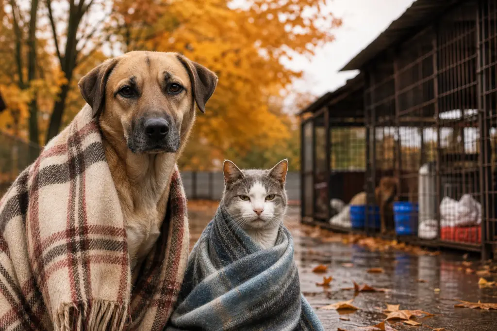dog and cat in blankets near kennels and autumn leaves highlight fall animal rescue challenges.