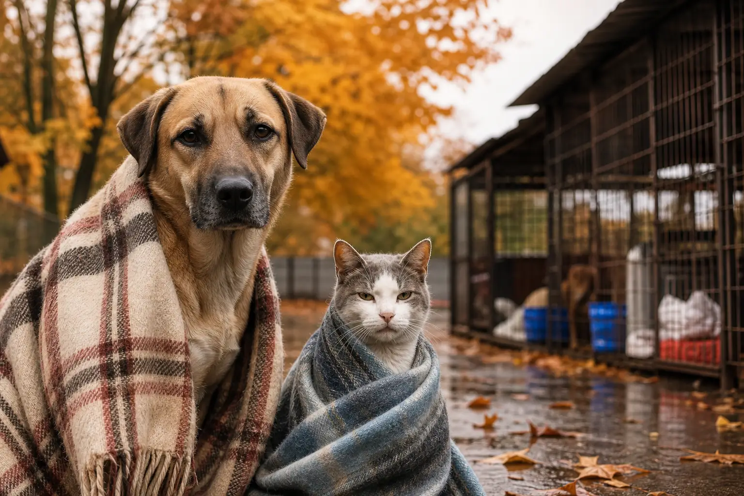 dog and cat in blankets near kennels and autumn leaves highlight fall animal rescue challenges.