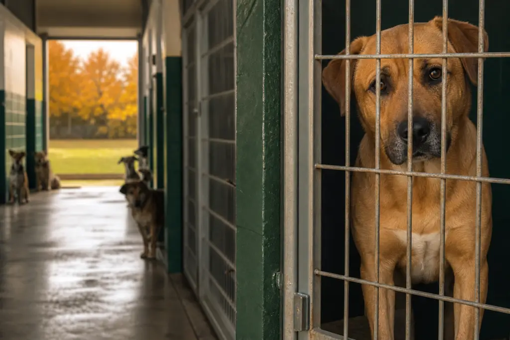 sad dog in kennel at animal shelter, many more dogs in the background, signaling a shelter crisis fall season.