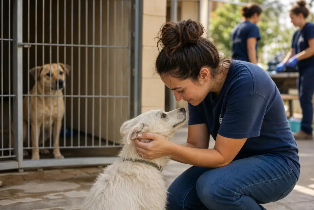 woman comforting a white dog in a shelter, exemplifying sustainable animal rescue practices.
