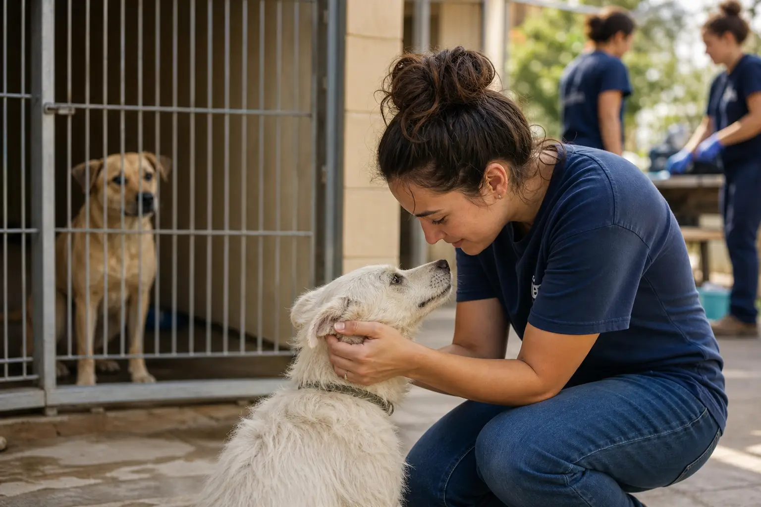 woman comforting a white dog in a shelter, exemplifying sustainable animal rescue practices.
