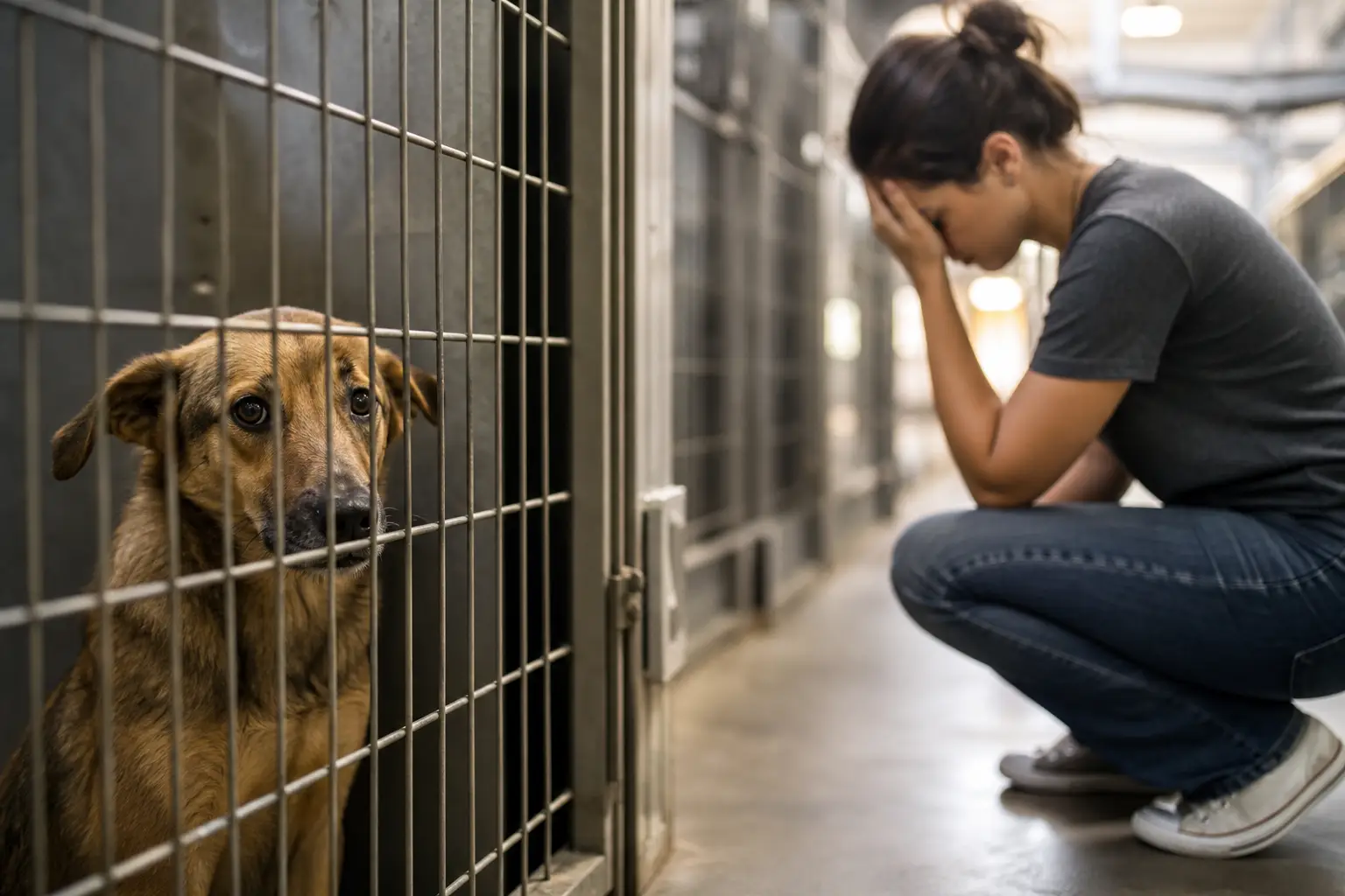 distressed dog in a kennel looking out, with a person crouching in despair, highlighting september animal cruelty cases.