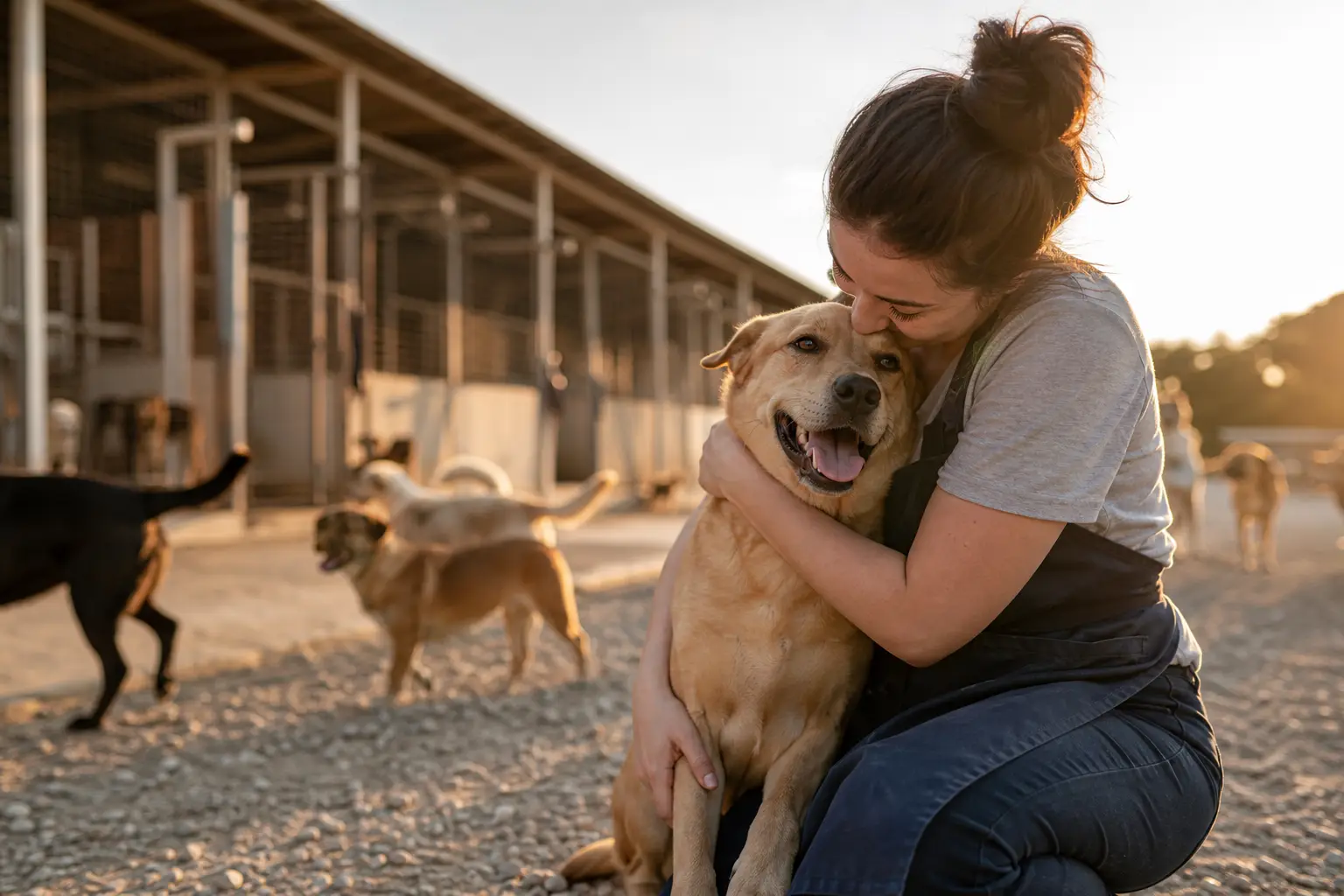 woman embracing happy golden dog at sunny animal shelter, highlighting sustainable animal funding sources.