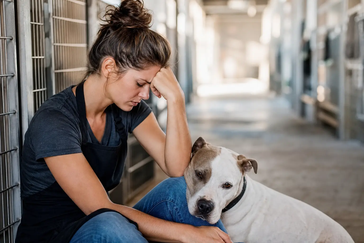 distressed animal shelter worker with a dog, highlighting nonprofit staff burnout prevention