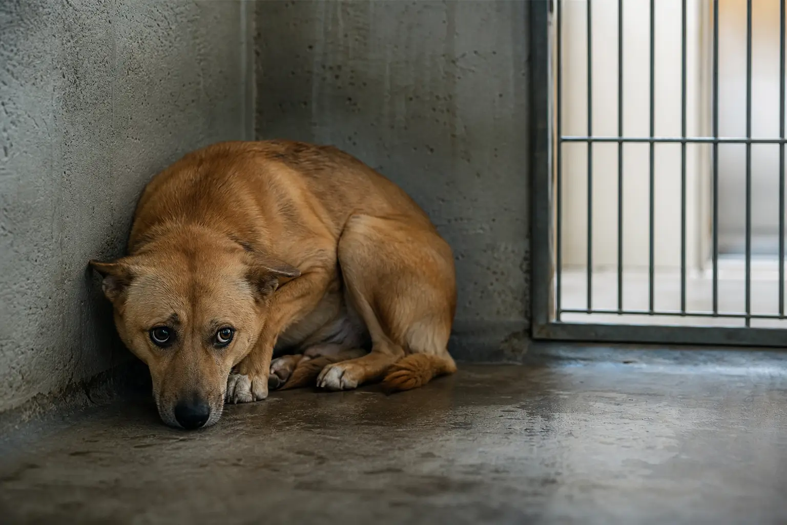 scared brown dog curled in a concrete kennel, highlighting the need for trauma-informed animal care.