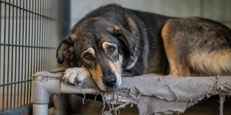 sad dog resting on worn bed in kennel, awaiting behavioral rehabilitation for rescue animals.