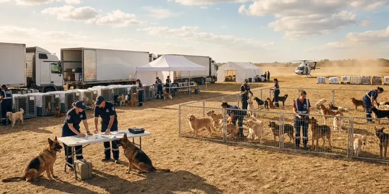 corporate partners helping with dog kennels, trucks, and helicopter for animal emergency relief