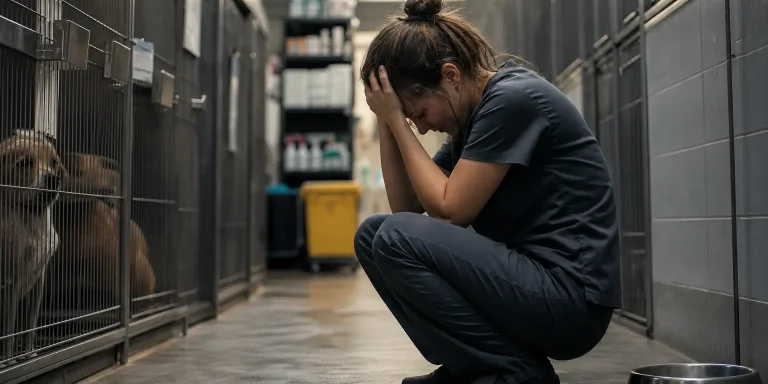 distressed shelter worker crouching by dog cages, showing a lack of emergency shelter reserves.