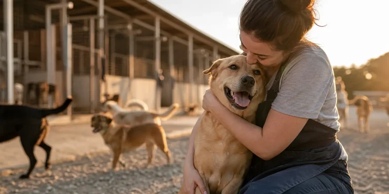 woman embracing happy golden dog at sunny animal shelter, highlighting sustainable animal funding sources.