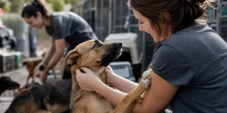 smiling woman petting a brown dog with her hands, dog's paw on her arm, showing effective animal rescue networks