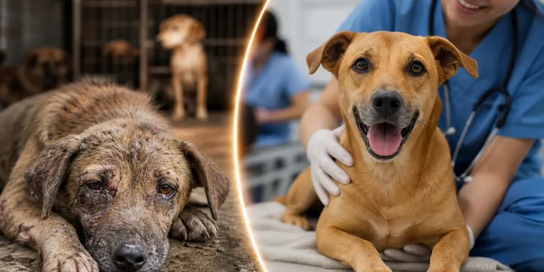 neglected dog in a cage contrasted with a happy dog and vet, showing animal welfare crisis turning points.