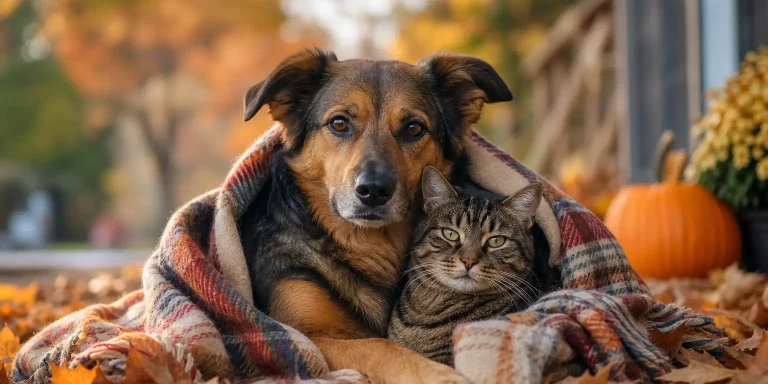 dog and tabby cat snuggled under a plaid blanket in fall leaves, perfect for fostering animals during fall transitions your step-by-step advocacy guide.