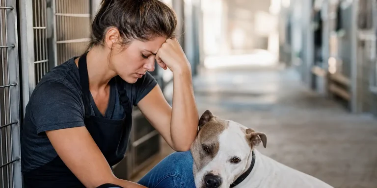 distressed animal shelter worker with a dog, highlighting nonprofit staff burnout prevention