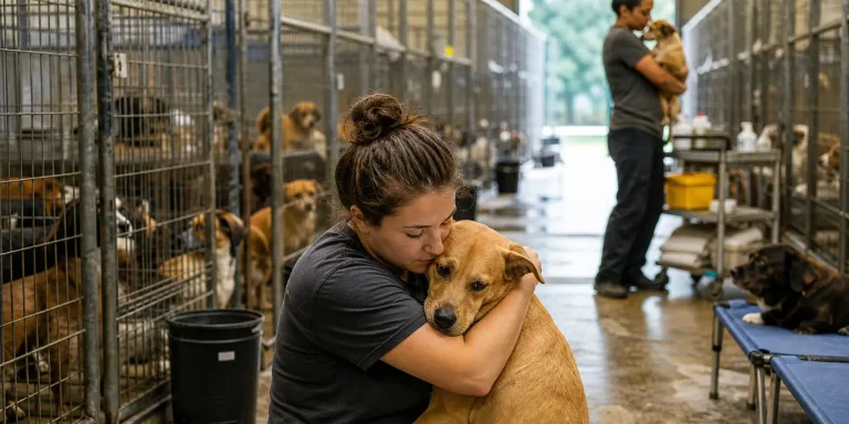 woman embraces a dog in a crowded shelter hallway, highlighting the rescue animal intake crisis.