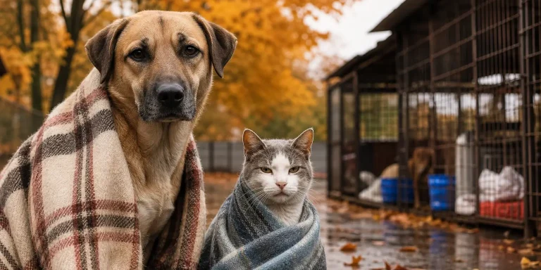 dog and cat in blankets near kennels and autumn leaves highlight fall animal rescue challenges.