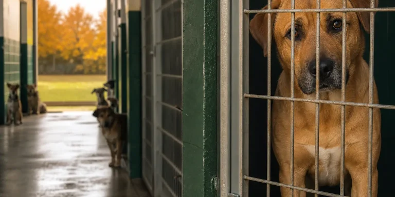 sad dog in kennel at animal shelter, many more dogs in the background, signaling a shelter crisis fall season.