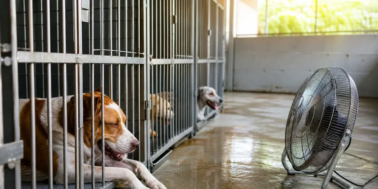 dogs in crates in a shelter with a fan providing heat relief for shelters.