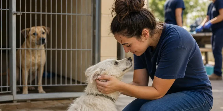 woman comforting a white dog in a shelter, exemplifying sustainable animal rescue practices.