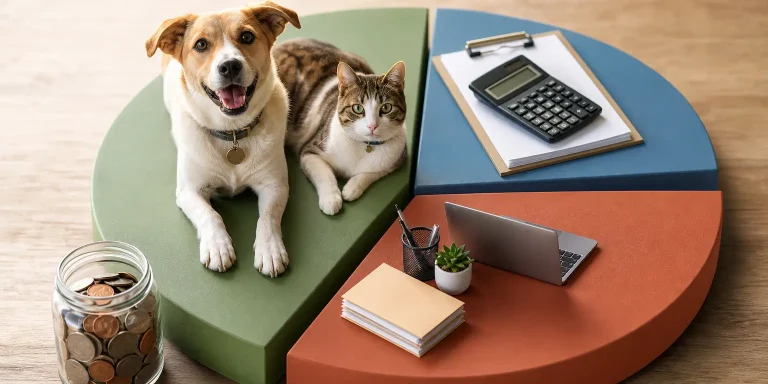 dog and cat on a pie chart representing donation allocation breakdown, with coins, calculator, and laptop.
