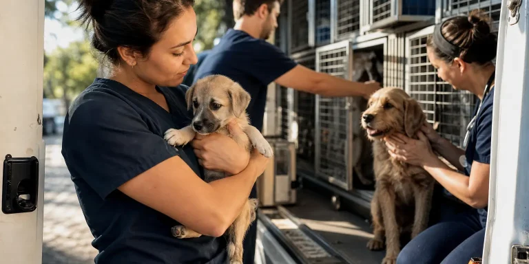 vet holding puppy, another comforts dog from rescue van, showing emergency animal donation impact.