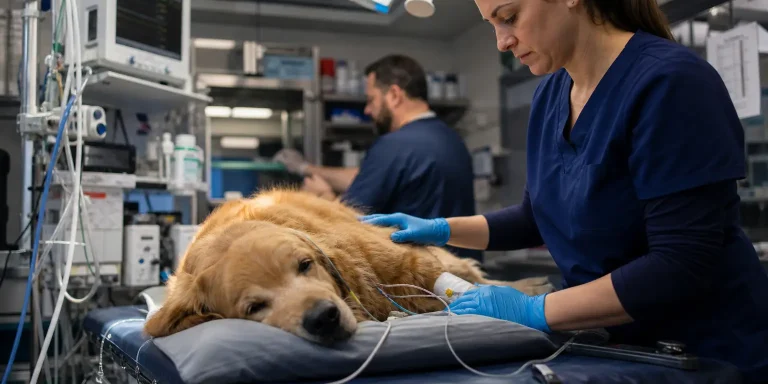 veterinarian attending to a golden retriever with iv fluids, highlighting potential emergency vet costs.