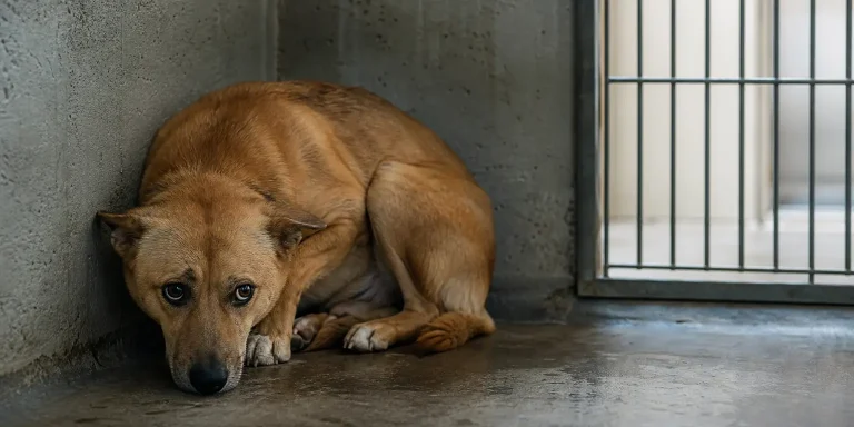 scared brown dog curled in a concrete kennel, highlighting the need for trauma-informed animal care.