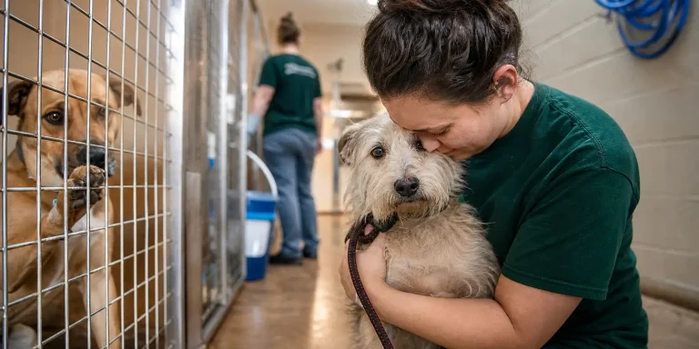 volunteer comforting a scruffy dog in a kennel, highlighting small shelter operations costs.