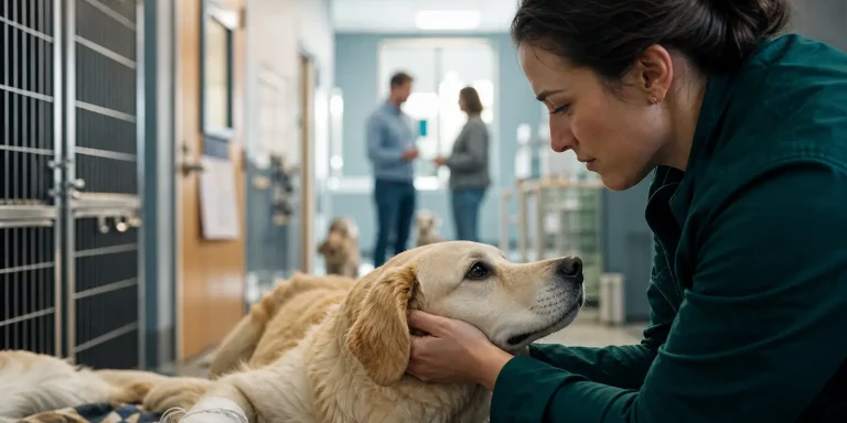 woman comforting a golden retriever with an iv drip, showing emergency medical care adoption.