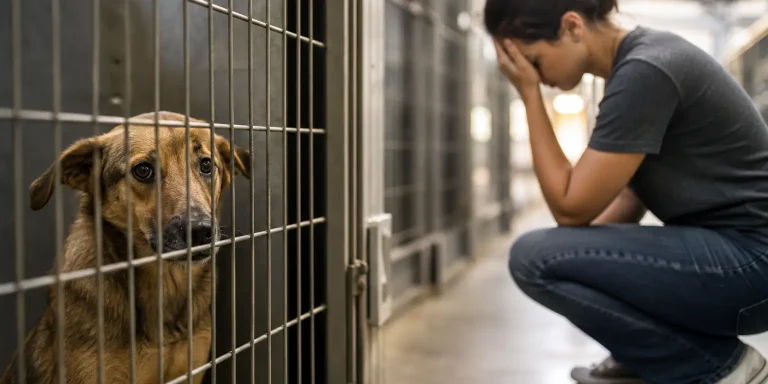 distressed dog in a kennel looking out, with a person crouching in despair, highlighting september animal cruelty cases.