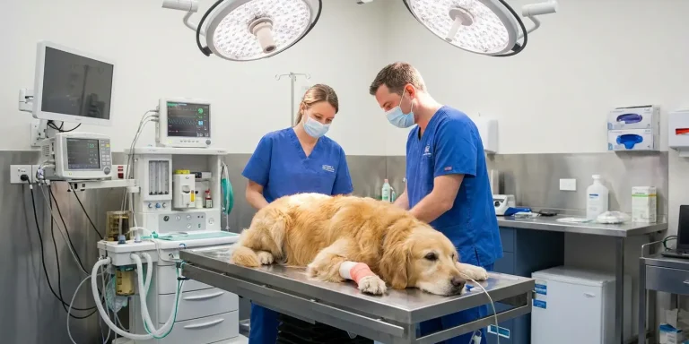 veterinary team attending to a golden retriever on an operating table, highlighting the need for emergency animal funding.